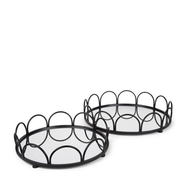 Lenore Round MetalMirror Tray Black Set of 2