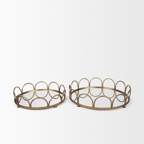 Lenore Round MetalMirror Tray Gold Set of 2 1
