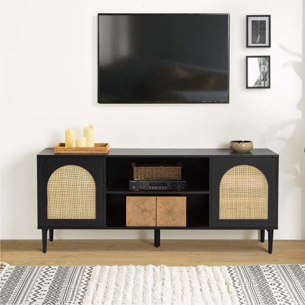 Lenz Black Rattan Door Coastal 70 Inch TV Stand 3