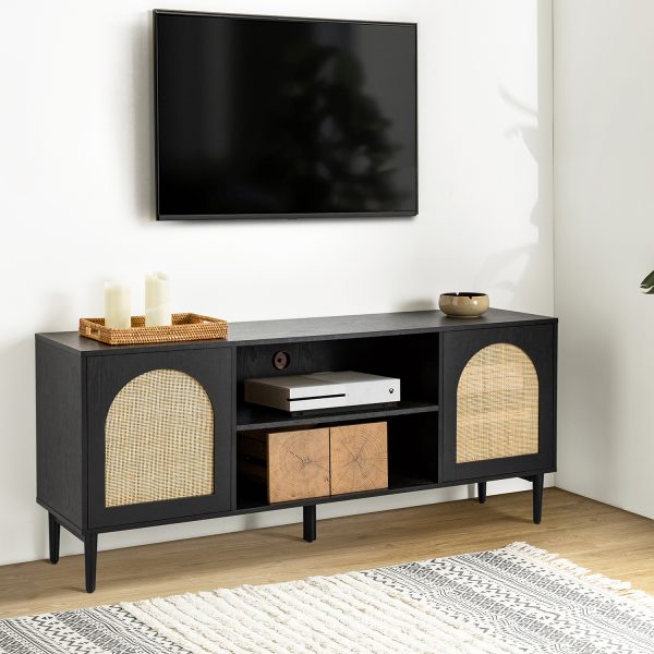Lenz Black Rattan Door Coastal 70 Inch TV Stand