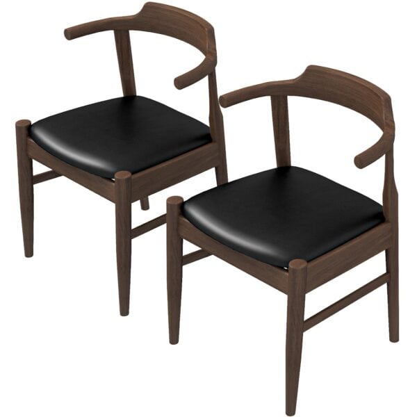 Brown Wood Mid-Century Modern Leather Dining Chair (Set of 2)
