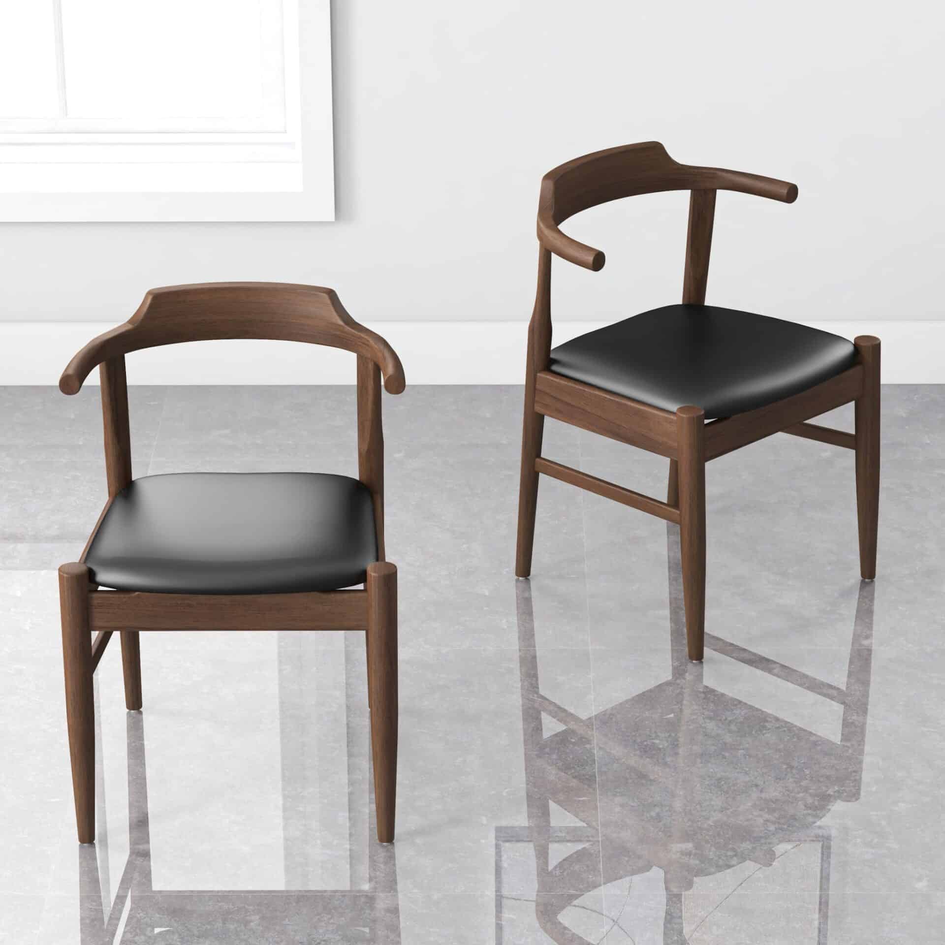 Brown Wood Mid-Century Modern Leather Dining Chair (Set of 2) 2 Brown Wood Mid-Century Modern Leather Dining Chair (Set of 2) - Image 2