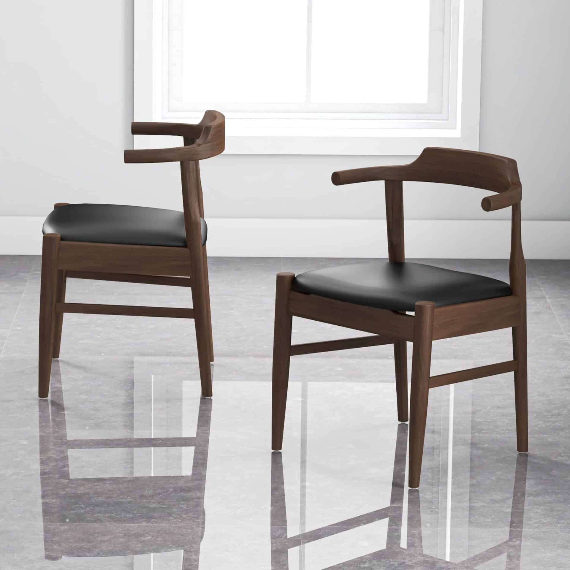 Brown Wood Mid-Century Modern Leather Dining Chair (Set of 2) 4 Brown Wood Mid-Century Modern Leather Dining Chair (Set of 2) - Image 4
