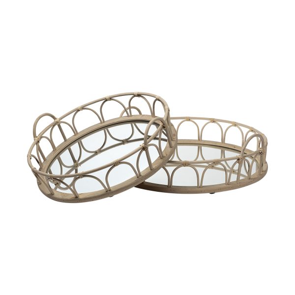 Leona Set of 2 Natural Wicker Woven Mirrored Base Nesting Trays