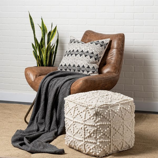 Leroy Square Cream Wool Pouf w Popcorn Detail 2
