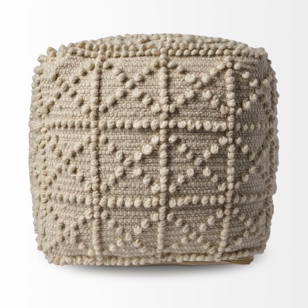 Leroy Square Cream Wool Pouf w Popcorn Detail 3