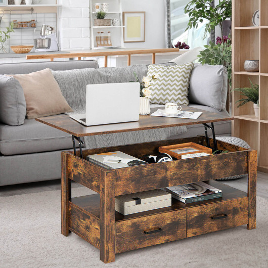 Rustic Brown Lift Top Coffee Table with Drawers and Storage 2 Rustic Brown Lift Top Coffee Table with Drawers and Storage - Image 2