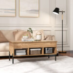Lift-Top Coffee Table with Storage and Metal Legs Natural