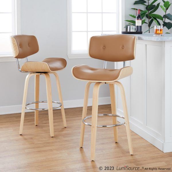 Lombardi 30 Inch Mid Century Modern Swivel Barstool Natural Wood Set of 2 1