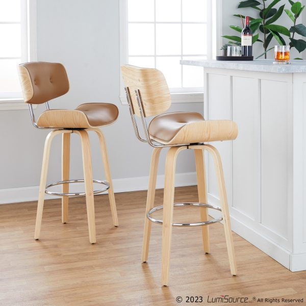 Lombardi 30 Inch Mid Century Modern Swivel Barstool Natural Wood Set of 2