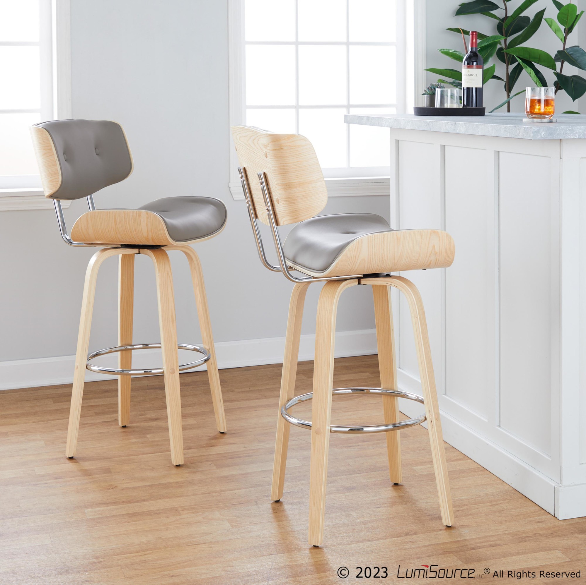 Lombardi 30-Inch Mid-Century Modern Swivel Barstools Natural/Grey (Set of 2) 1 Lombardi 30-Inch Mid-Century Modern Swivel Barstools Natural/Grey (Set of 2)