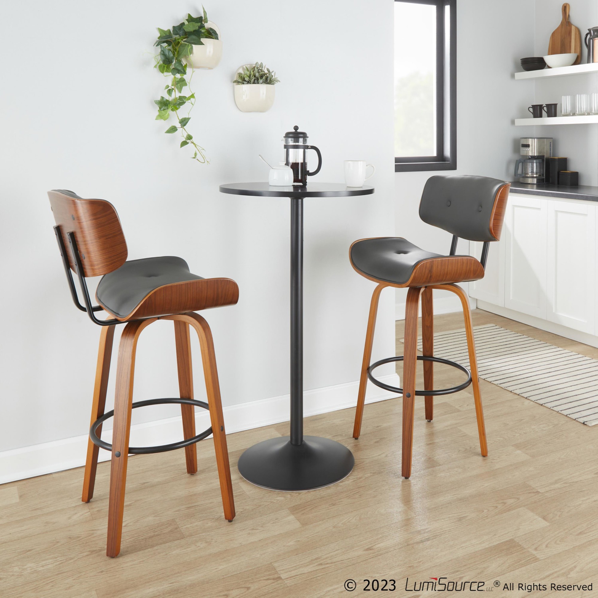Lombardi 30 Mid-Century Modern Walnut and Grey Barstools (Set of 2) 2 Lombardi 30 Mid-Century Modern Walnut and Grey Barstools (Set of 2) - Image 2
