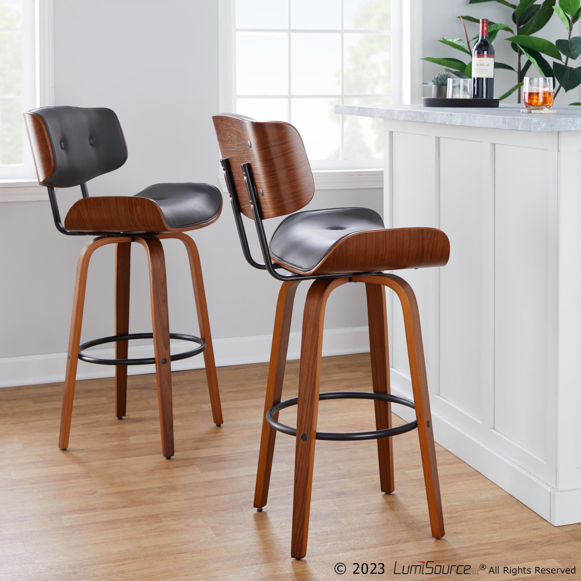 Lombardi 30 Mid-Century Modern Walnut and Grey Barstools (Set of 2) 3 Lombardi 30 Mid-Century Modern Walnut and Grey Barstools (Set of 2) - Image 3