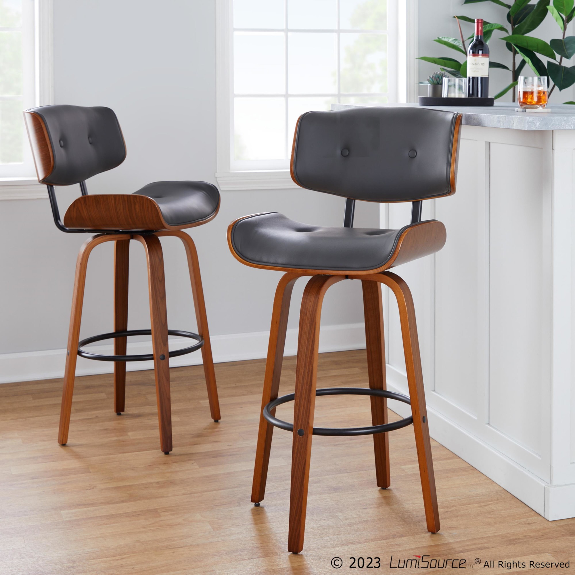 Lombardi 30 Mid-Century Modern Walnut and Grey Barstools (Set of 2) 4 Lombardi 30 Mid-Century Modern Walnut and Grey Barstools (Set of 2) - Image 4