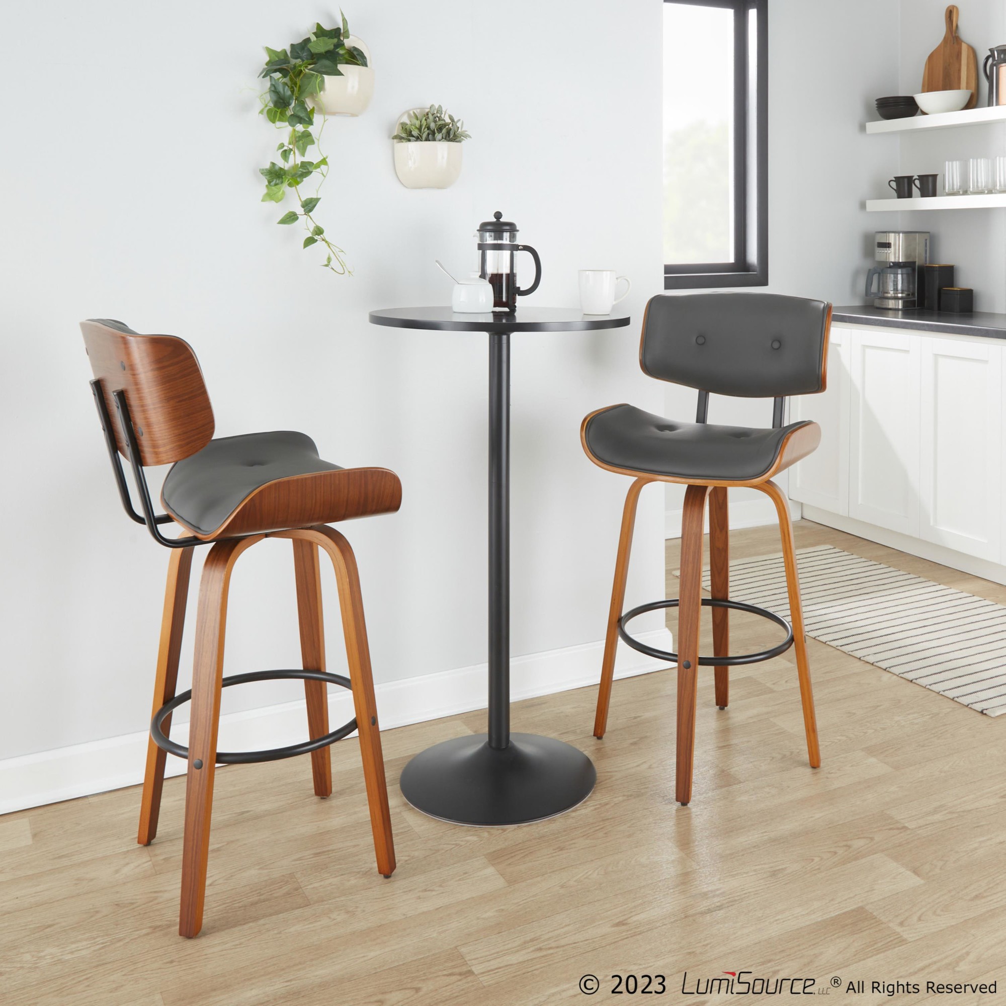 Lombardi 30 Mid-Century Modern Walnut and Grey Barstools (Set of 2) 1 Lombardi 30 Mid-Century Modern Walnut and Grey Barstools (Set of 2)