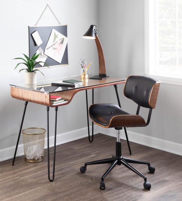 Lombardi Mid Century Modern Walnut and Black Swivel Office Chair 1