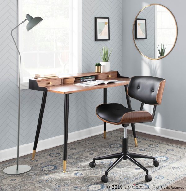 Lombardi Mid Century Modern Walnut and Black Swivel Office Chair