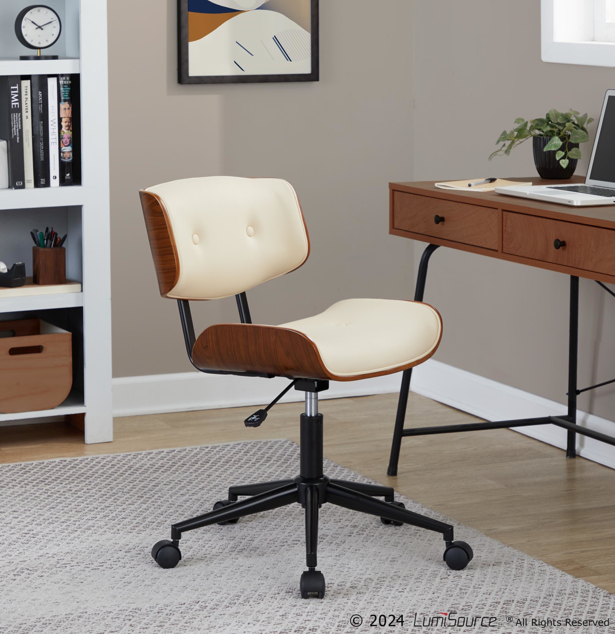 Lombardi Mid-Century Modern Walnut and Cream Swivel Office Chair 2 Lombardi Mid-Century Modern Walnut and Cream Swivel Office Chair - Image 2