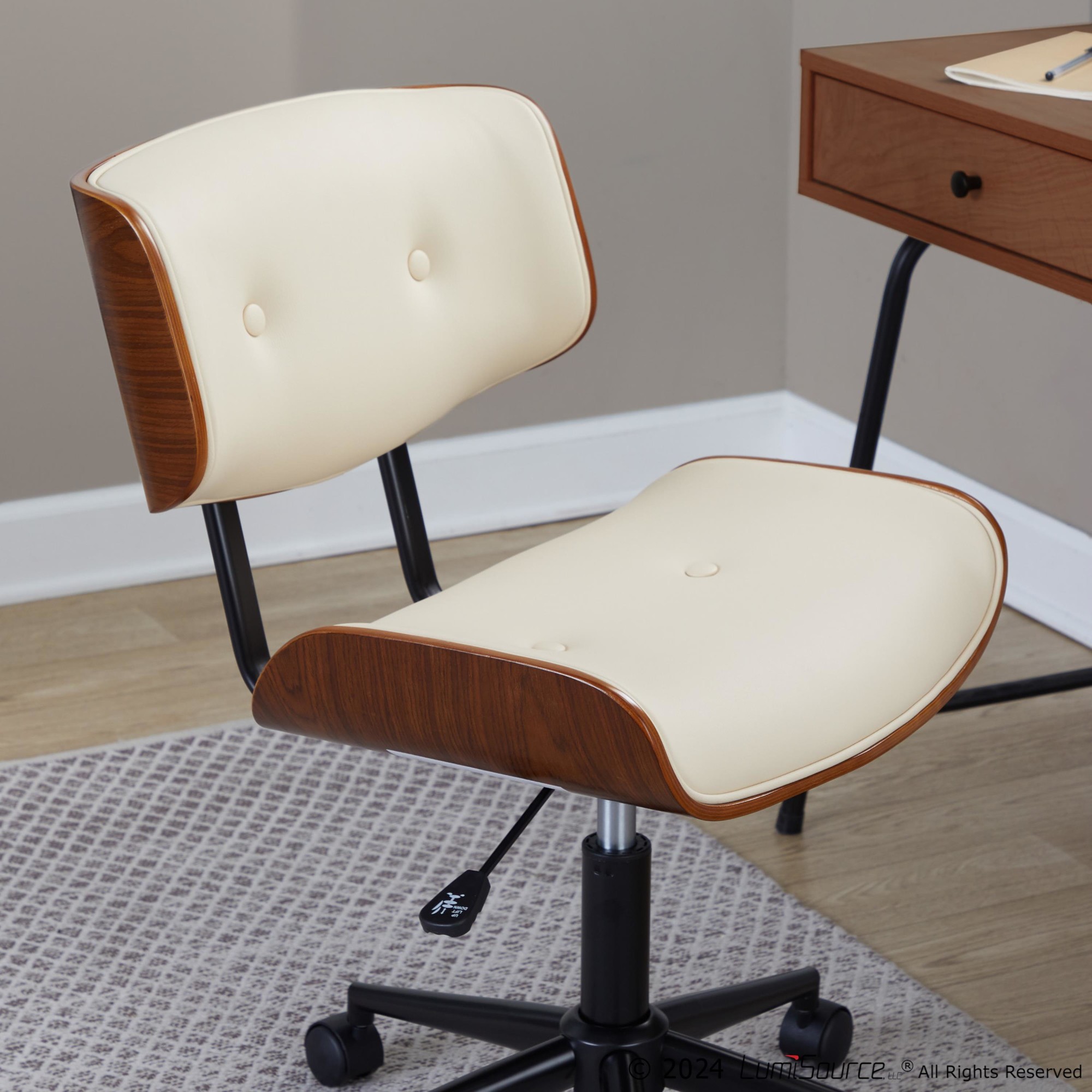 Lombardi Mid-Century Modern Walnut and Cream Swivel Office Chair 3 Lombardi Mid-Century Modern Walnut and Cream Swivel Office Chair - Image 3