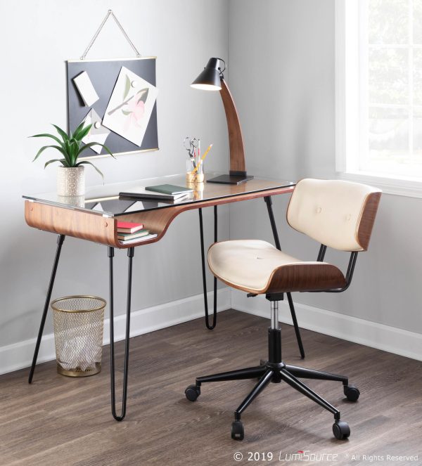 Lombardi Mid Century Modern Walnut and Cream Swivel Office Chair