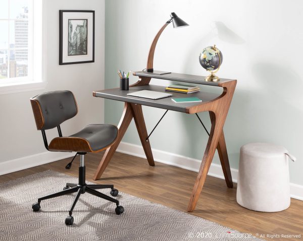 Lombardi Mid Century Modern Walnut and Grey Swivel Office Chair 1