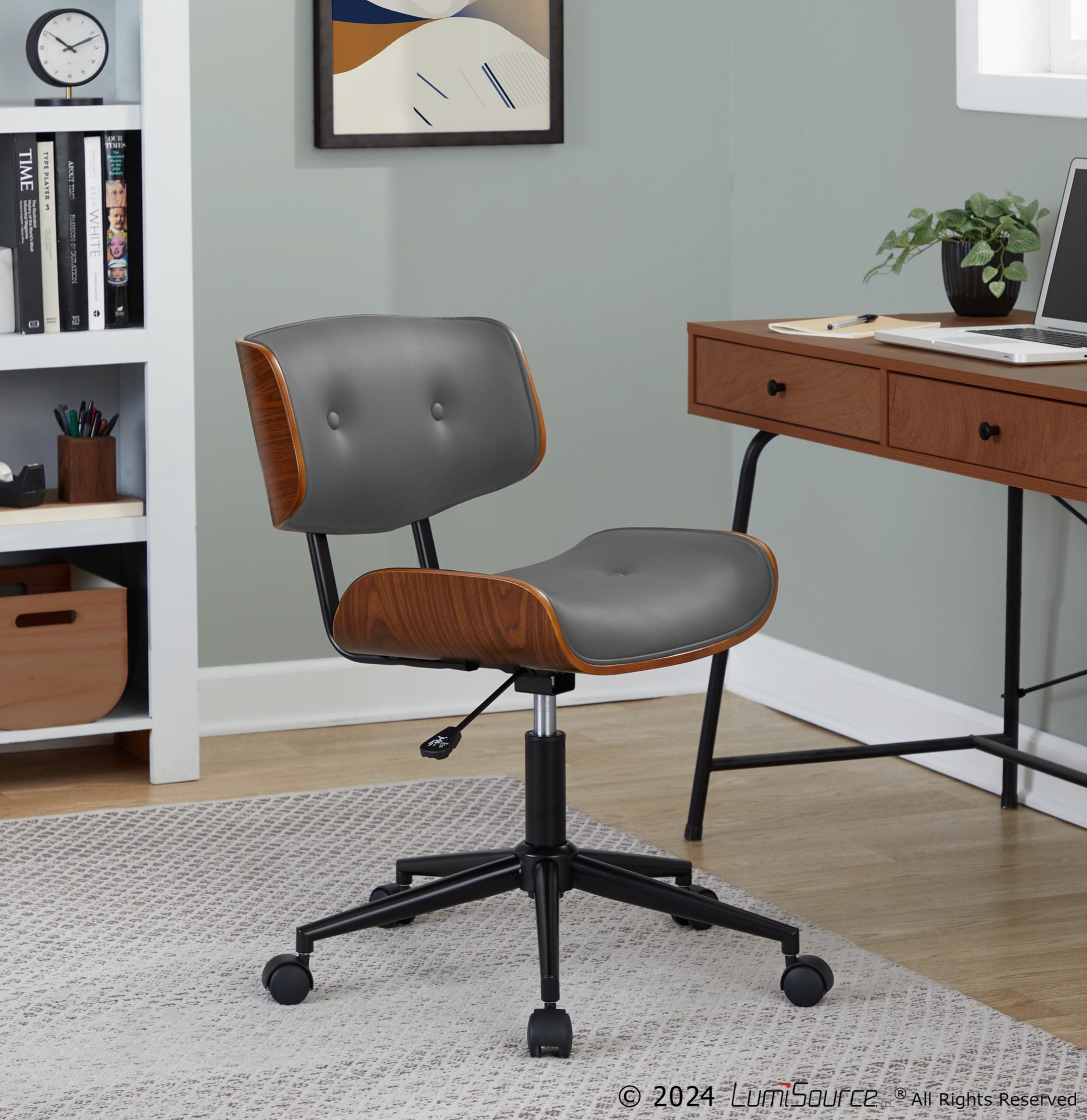 Lombardi Mid-Century Modern Walnut and Grey Swivel Office Chair 3 Lombardi Mid-Century Modern Walnut and Grey Swivel Office Chair - Image 3
