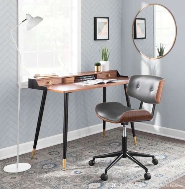 Lombardi Mid Century Modern Walnut and Grey Swivel Office Chair 6