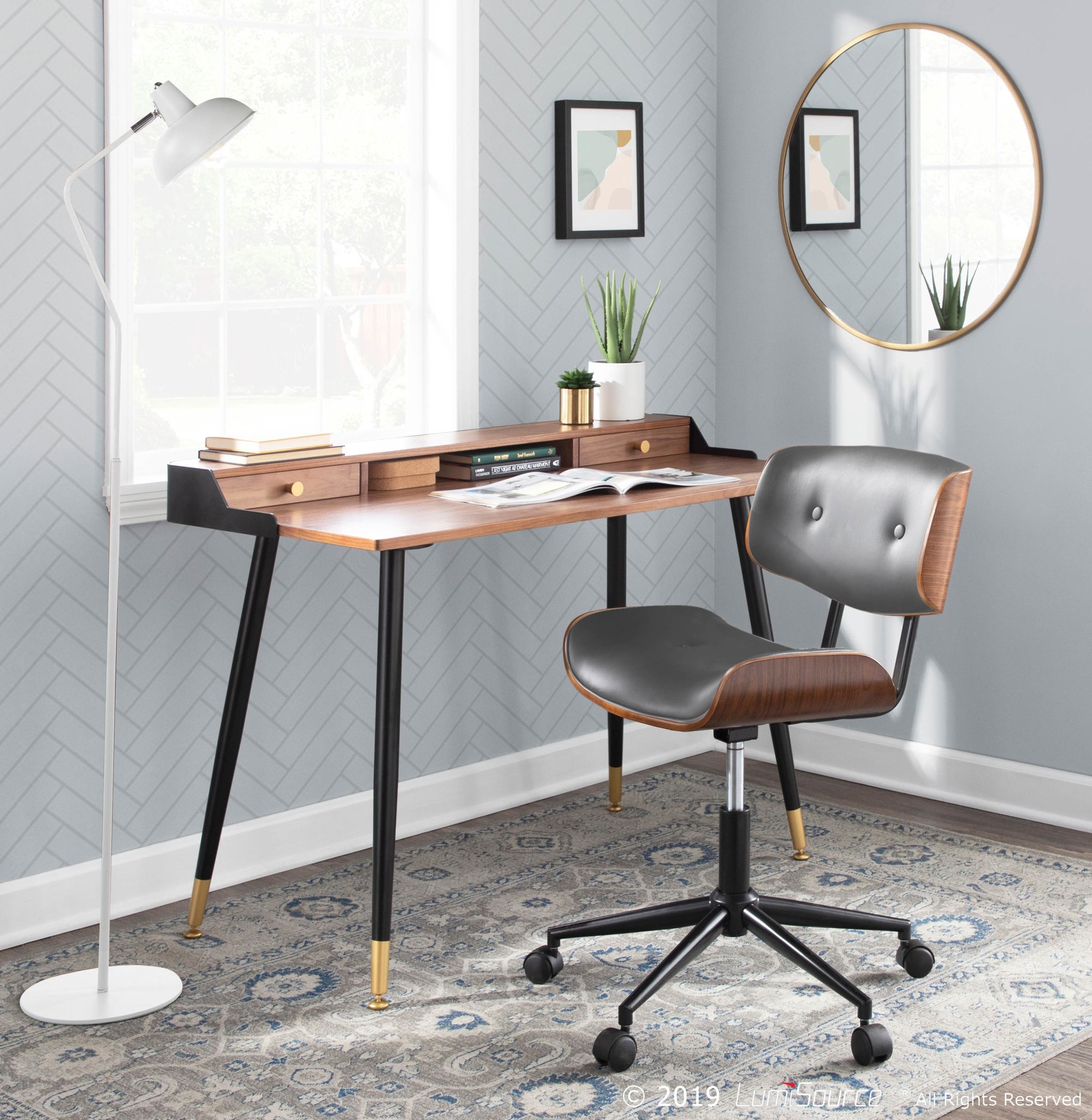 Lombardi Mid-Century Modern Walnut and Grey Swivel Office Chair 6 Lombardi Mid-Century Modern Walnut and Grey Swivel Office Chair - Image 6
