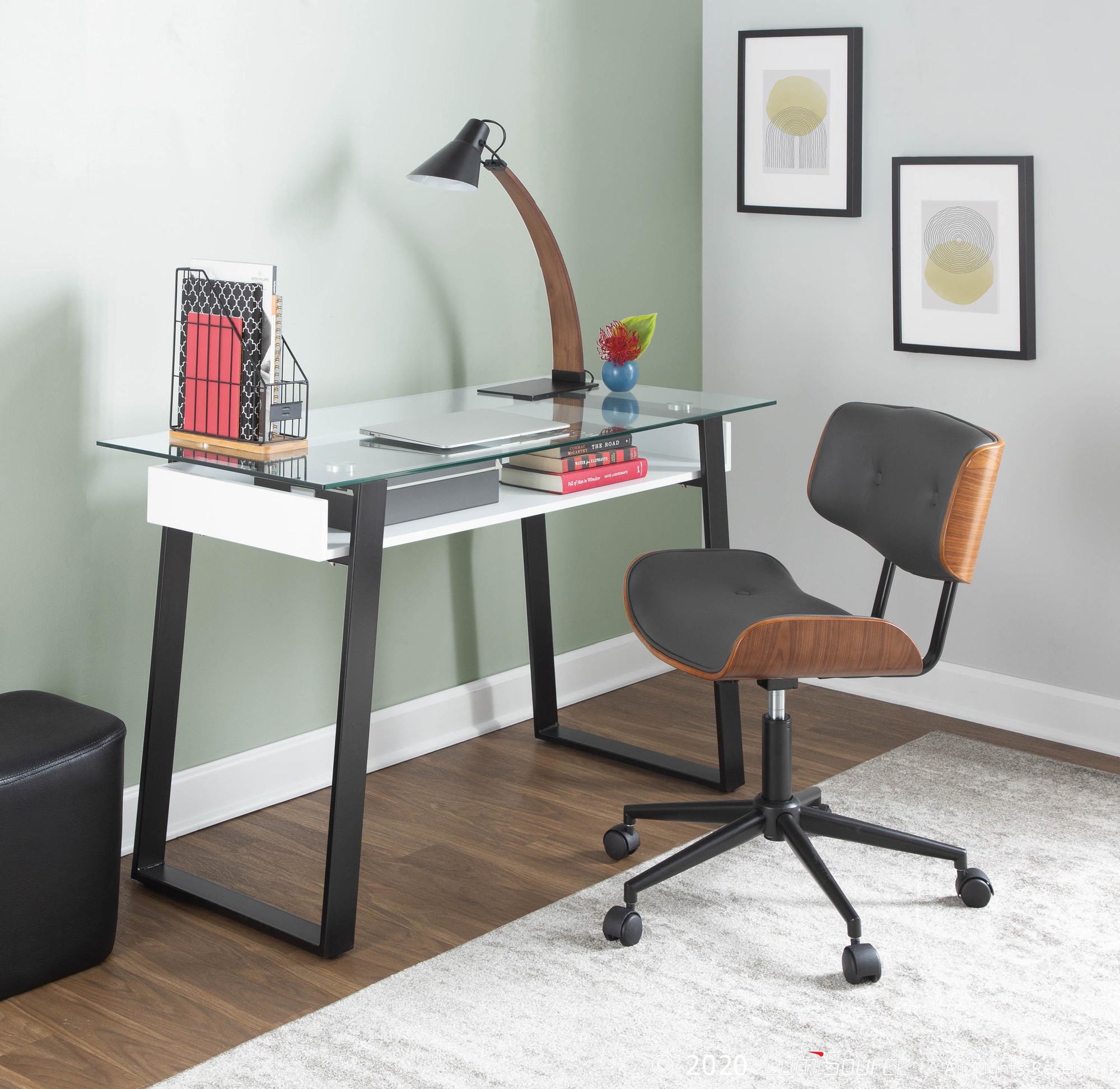 Lombardi Mid-Century Modern Walnut and Grey Swivel Office Chair 1 Lombardi Mid-Century Modern Walnut and Grey Swivel Office Chair
