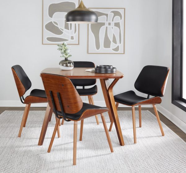 Lombardi Mid Century Walnut Black Faux Leather Accent Chairs Set of 2 4