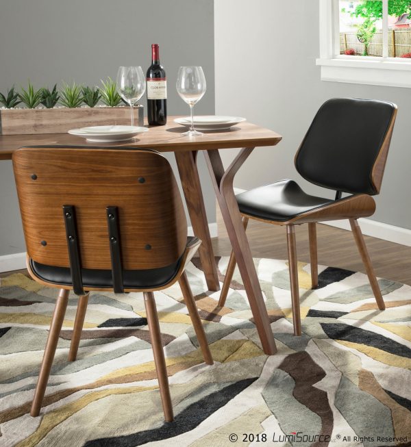 Lombardi Mid Century Walnut Black Faux Leather Accent Chairs Set of 2