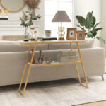 Gold Metal Frame Console Table with Faux Marble Top White