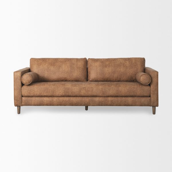 Loretta 88.0L x 36.2W x 33.9H Cognac Brown Faux Leather Three Seater Sofa with Two Bolster Cushions 4