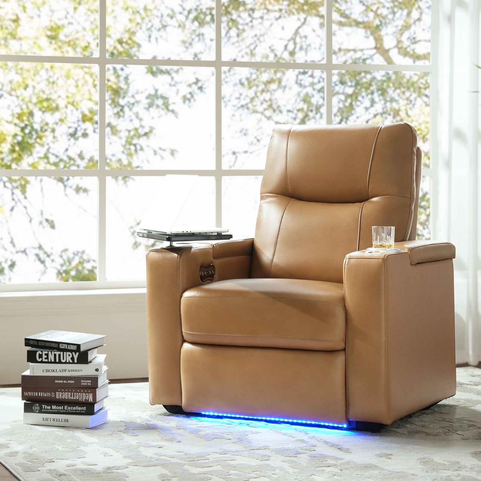 Lothaire Camel Genuine Leather Power Recliner with Storage 2 Lothaire Camel Genuine Leather Power Recliner with Storage - Image 2