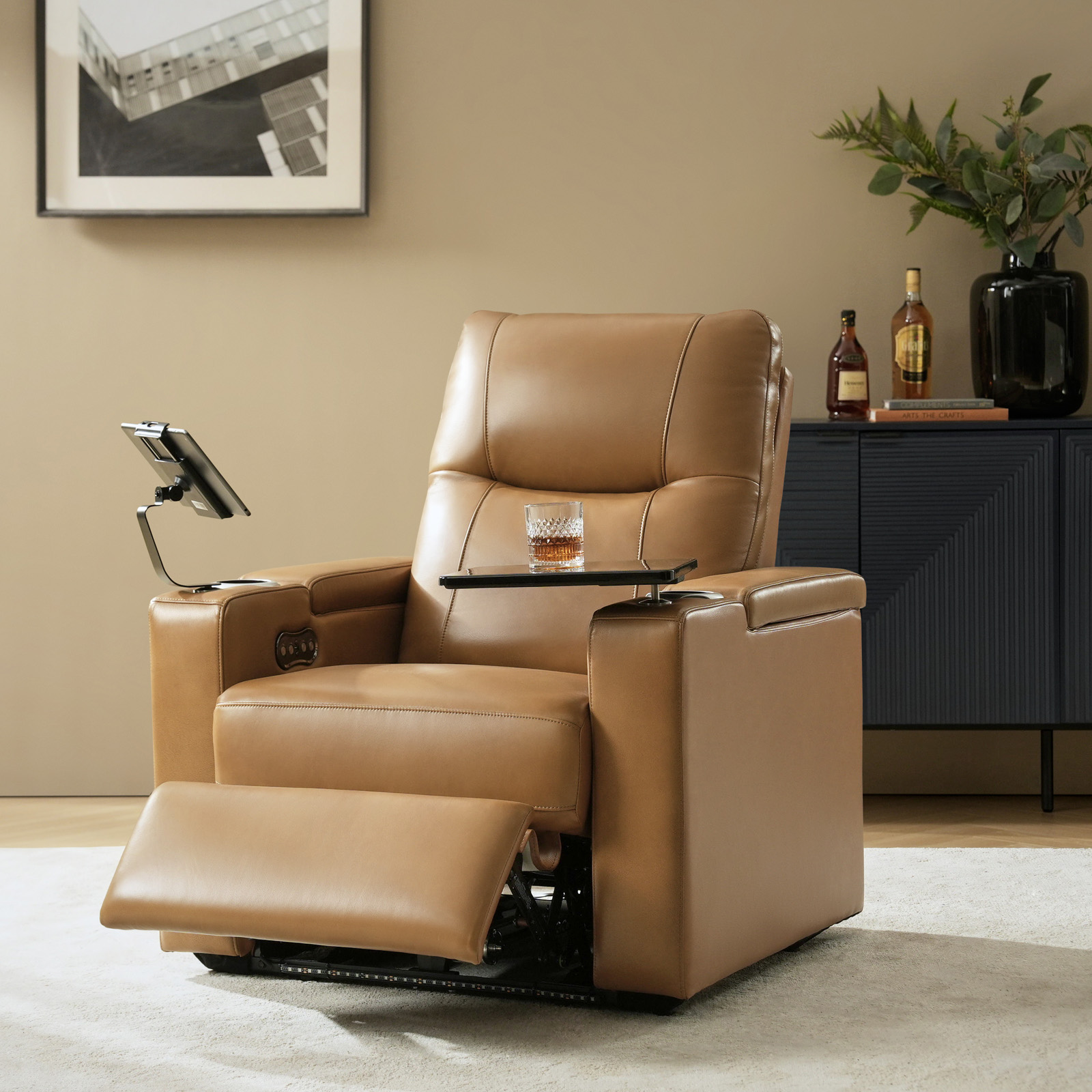 Lothaire Camel Genuine Leather Power Recliner with Storage 3 Lothaire Camel Genuine Leather Power Recliner with Storage - Image 3