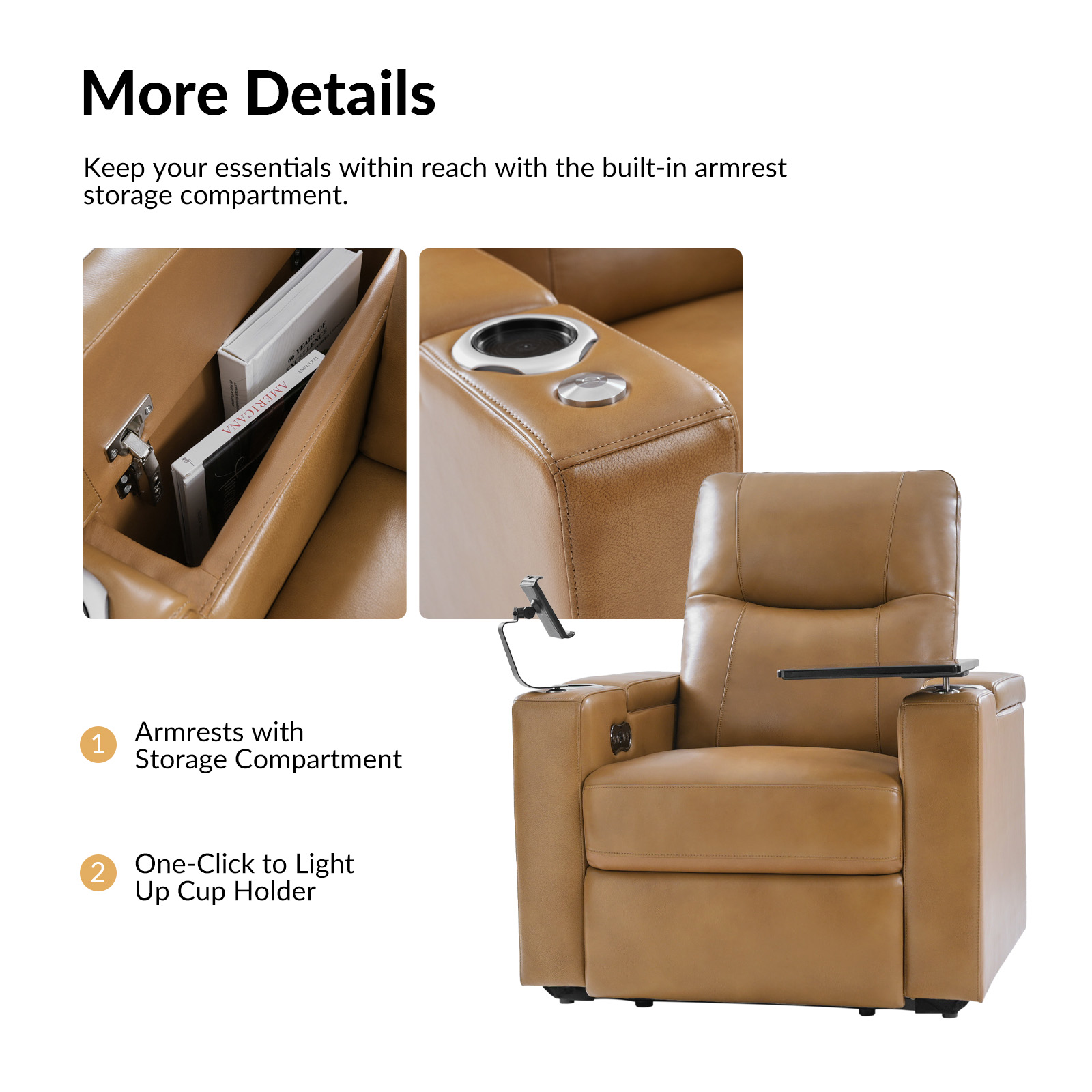Lothaire Camel Genuine Leather Power Recliner with Storage 4 Lothaire Camel Genuine Leather Power Recliner with Storage - Image 4