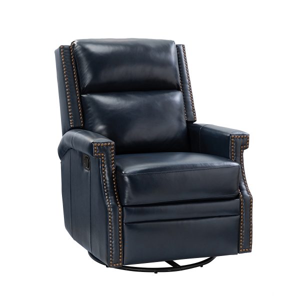 Louise Navy Genuine Leather Nailhead Trim Swivel Rocker Recliner 1