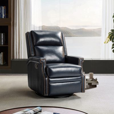 Louise Navy Genuine Leather Nailhead Trim Swivel Rocker Recliner