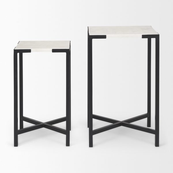 Lucas III Set of 2 15L x 15W 12L x 12W White Marble WBlack Iron Frame Accent Tables 4