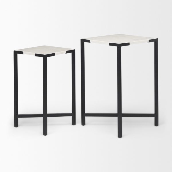 Lucas III Set of 2 15L x 15W 12L x 12W White Marble WBlack Iron Frame Accent Tables 5