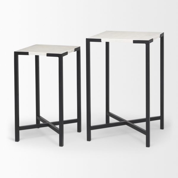 Lucas III Set of 2 15L x 15W 12L x 12W White Marble WBlack Iron Frame Accent Tables 6