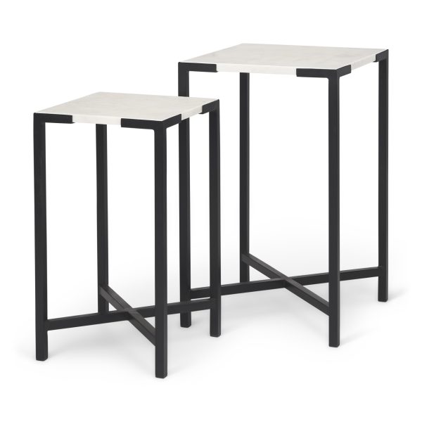 Lucas III Set of 2 15L x 15W 12L x 12W White Marble WBlack Iron Frame Accent Tables