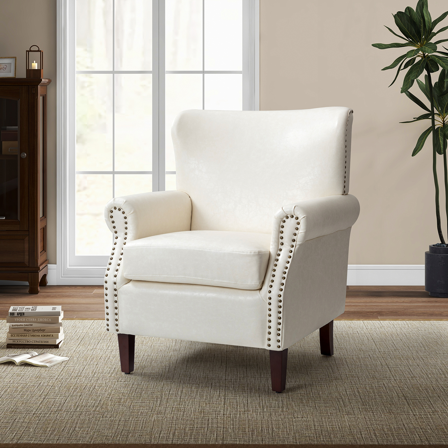 Lucas Ivory Vegan Leather Nailhead Trim Armchair 1 Lucas Ivory Vegan Leather Nailhead Trim Armchair