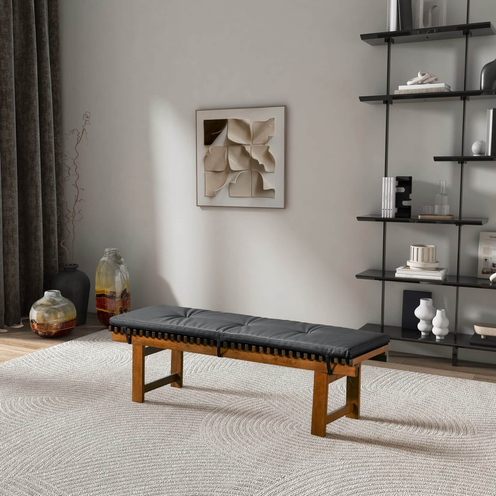 Mid-Century Modern Black Vegan Leather Dining Bench Solid Wood 3 Mid-Century Modern Black Vegan Leather Dining Bench Solid Wood - Image 3