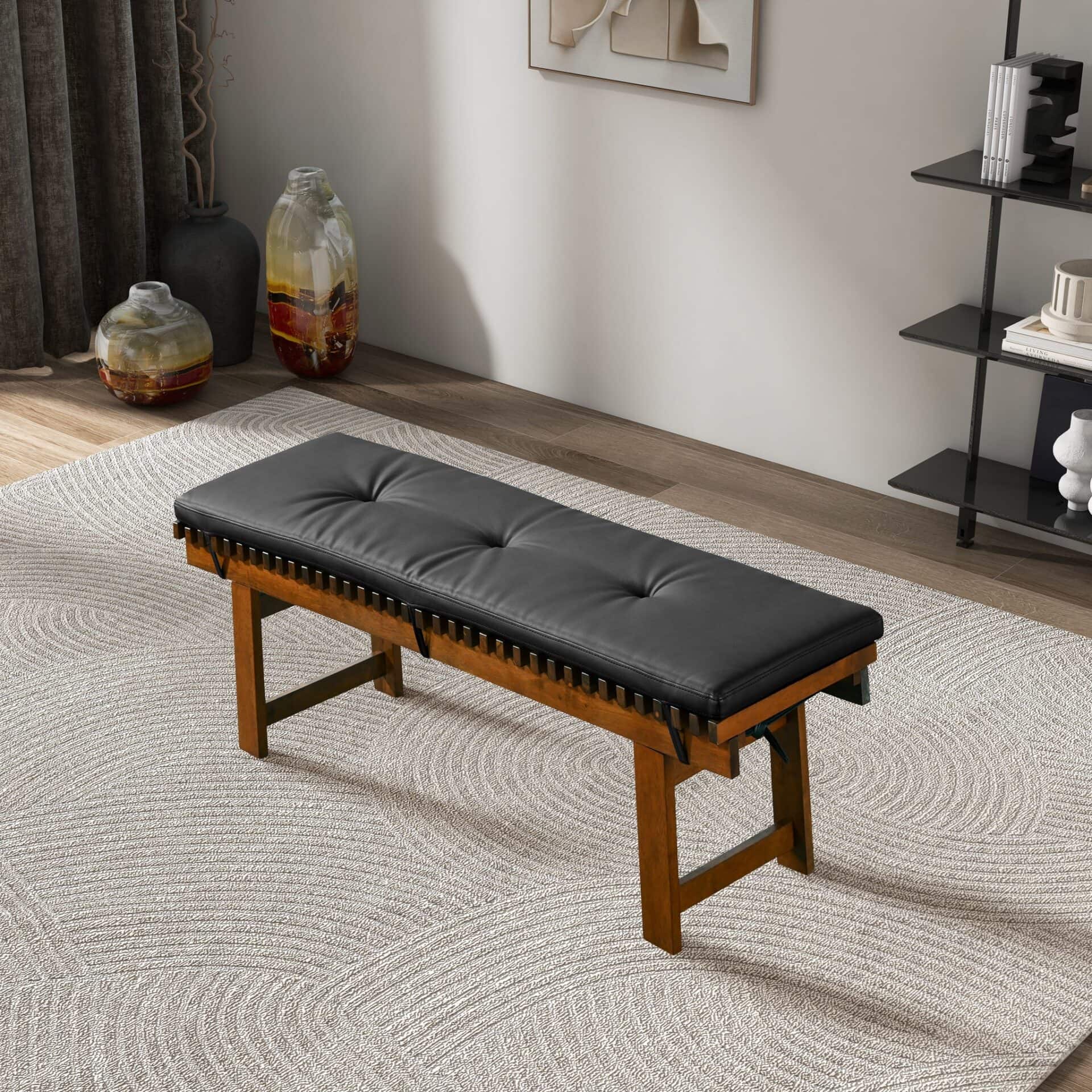 Mid-Century Modern Black Vegan Leather Dining Bench Solid Wood 4 Mid-Century Modern Black Vegan Leather Dining Bench Solid Wood - Image 4