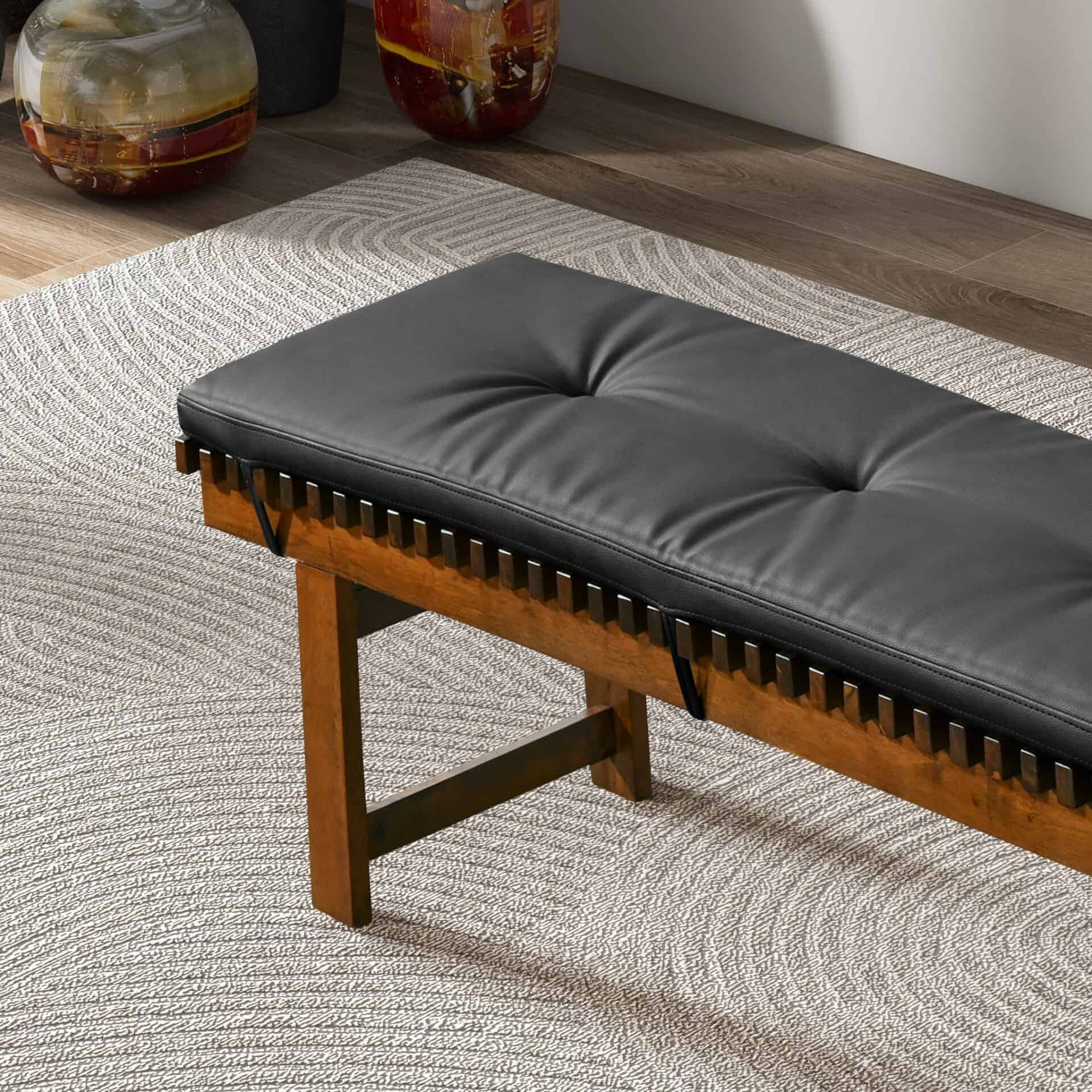 Mid-Century Modern Black Vegan Leather Dining Bench Solid Wood 5 Mid-Century Modern Black Vegan Leather Dining Bench Solid Wood - Image 5