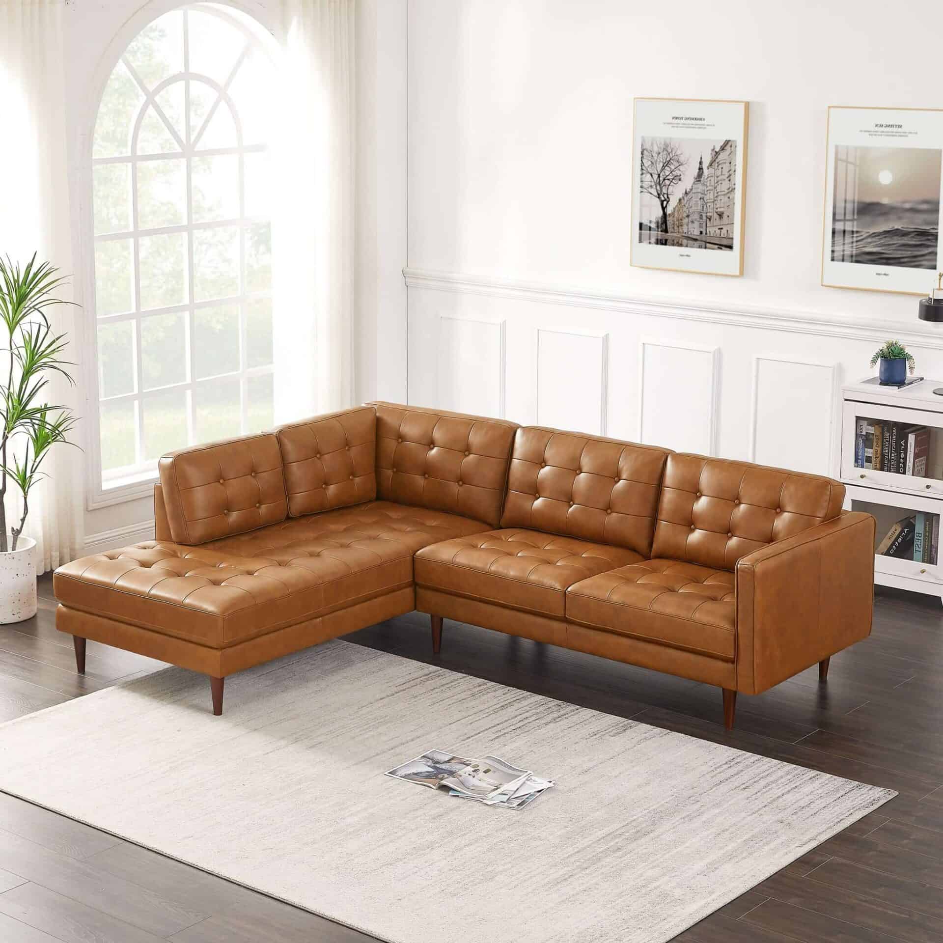 Tan Leather Sectional Sofa Left Facing with Removable Legs 1 Tan Leather Sectional Sofa Left Facing with Removable Legs