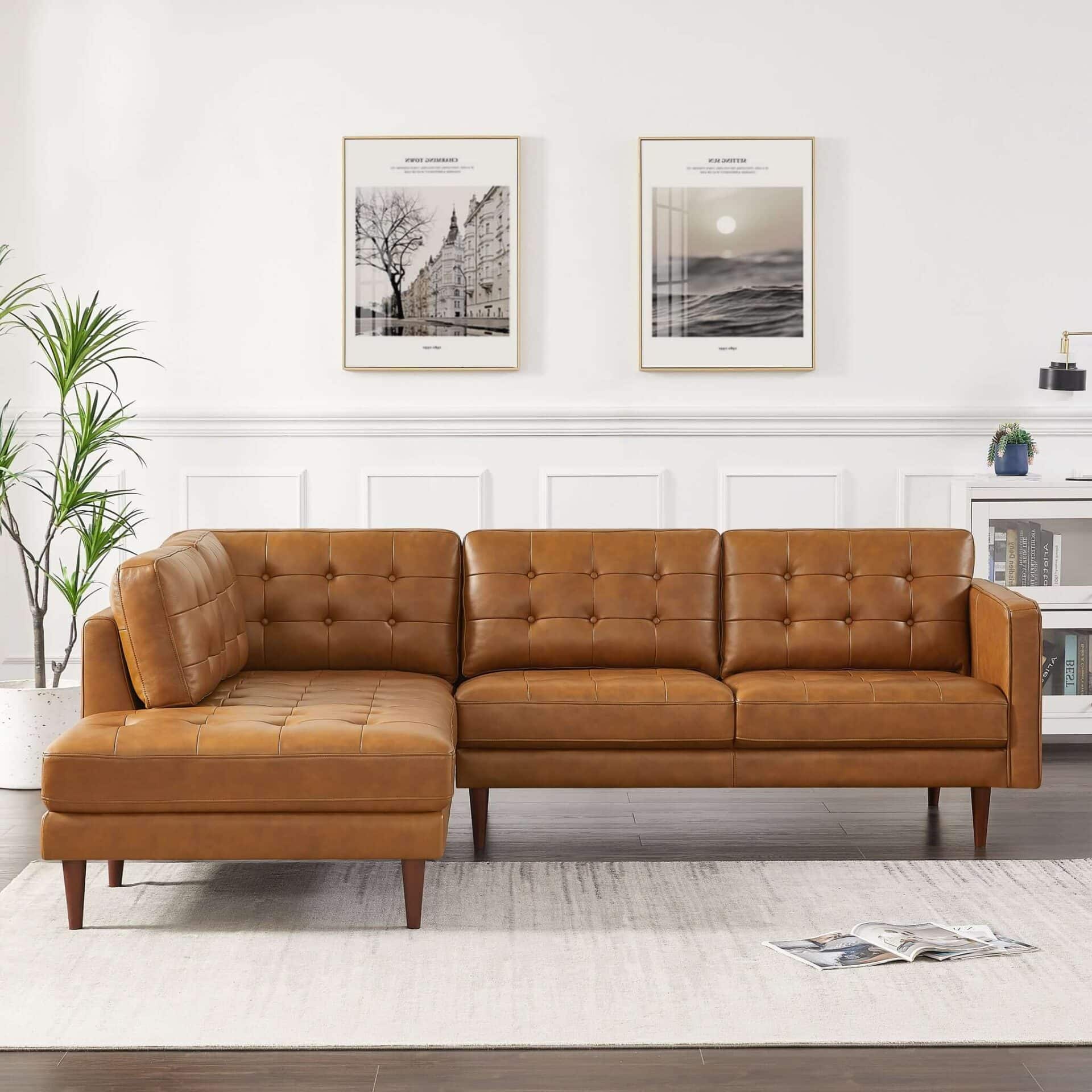 Tan Leather Sectional Sofa Left Facing with Removable Legs 2 Tan Leather Sectional Sofa Left Facing with Removable Legs - Image 2