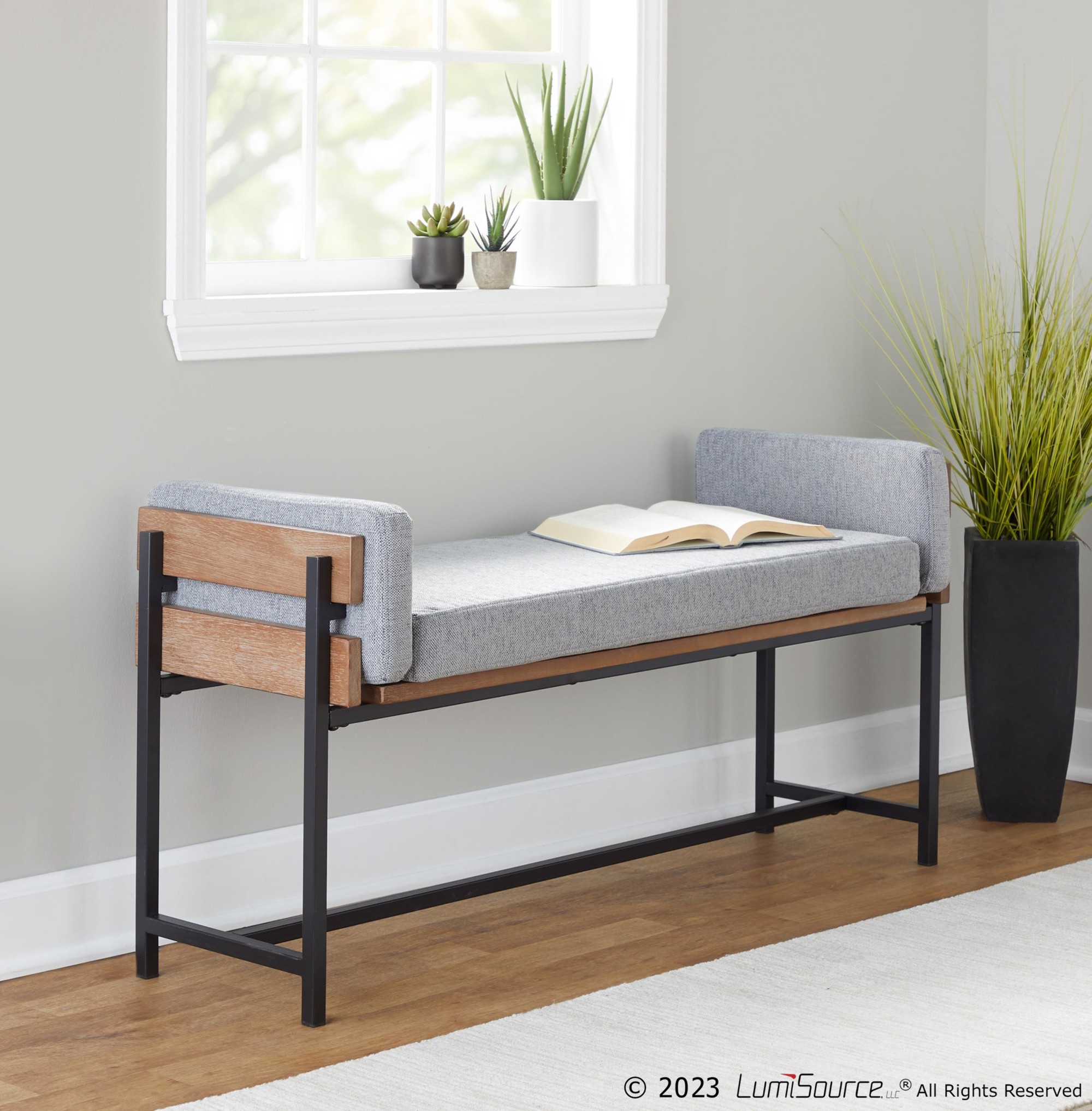 LumiSource Kari Luxe Light Grey Farmhouse Bench 2 LumiSource Kari Luxe Light Grey Farmhouse Bench - Image 2