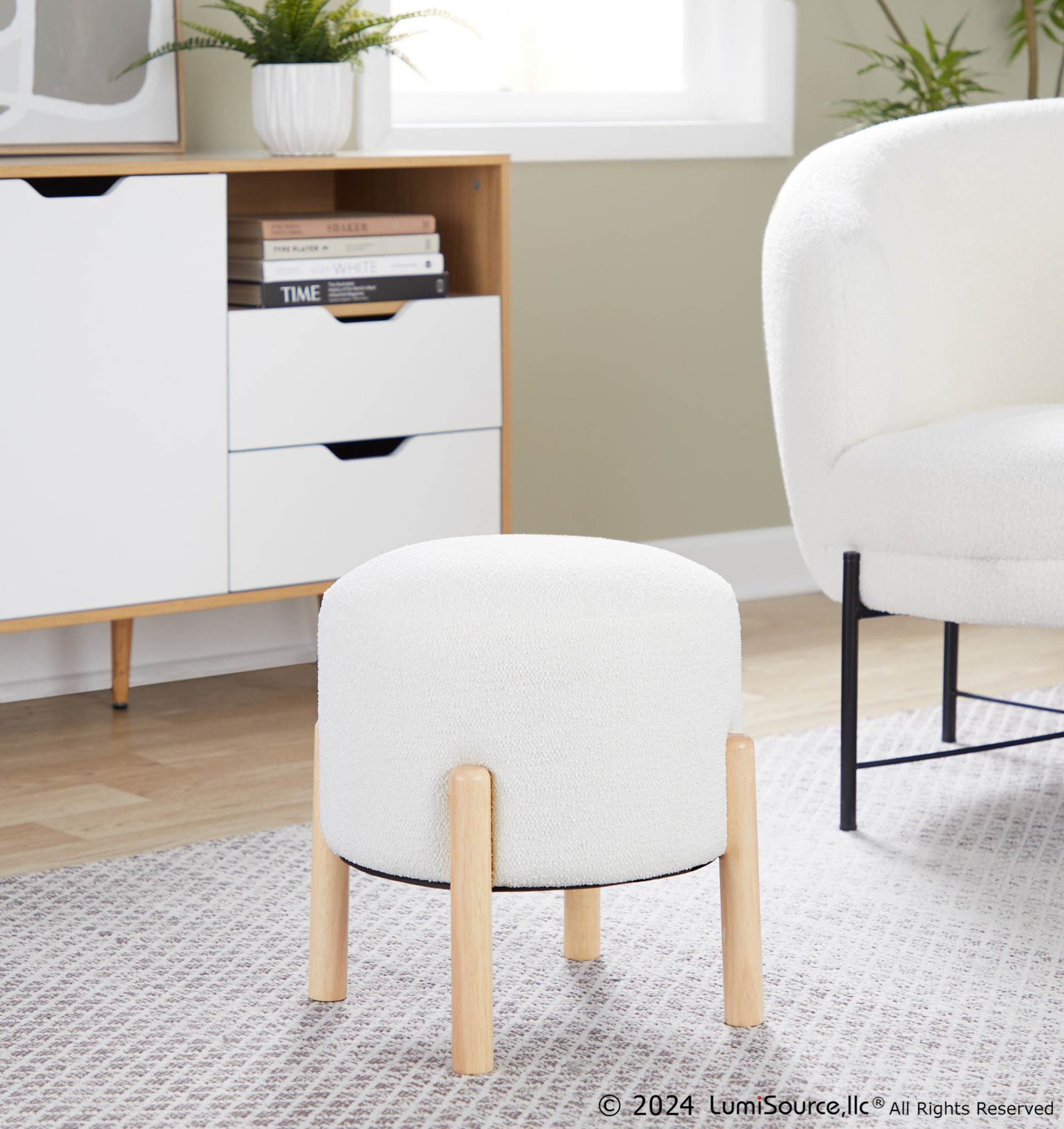 LumiSource Michelle 16-Inch Contemporary Cream Ottoman Natural Wood 2 LumiSource Michelle 16-Inch Contemporary Cream Ottoman Natural Wood - Image 2
